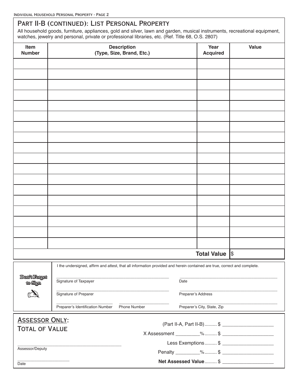 OTC Form 935 Oklahoma Household Personal Property Rendition - Oklahoma, Page 2