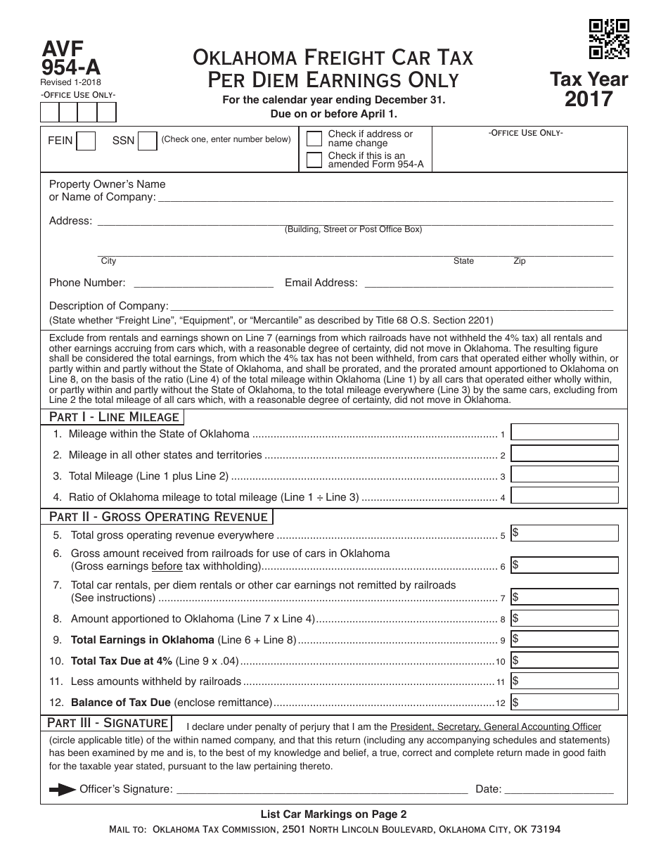 OTC Form AVF954-A Oklahoma Freight Car Tax Per Diem Earnings Only - Oklahoma, Page 1