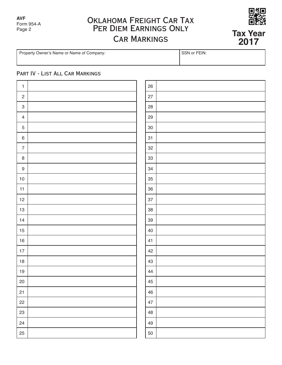 OTC Form AVF954-A Oklahoma Freight Car Tax Per Diem Earnings Only - Oklahoma, Page 2