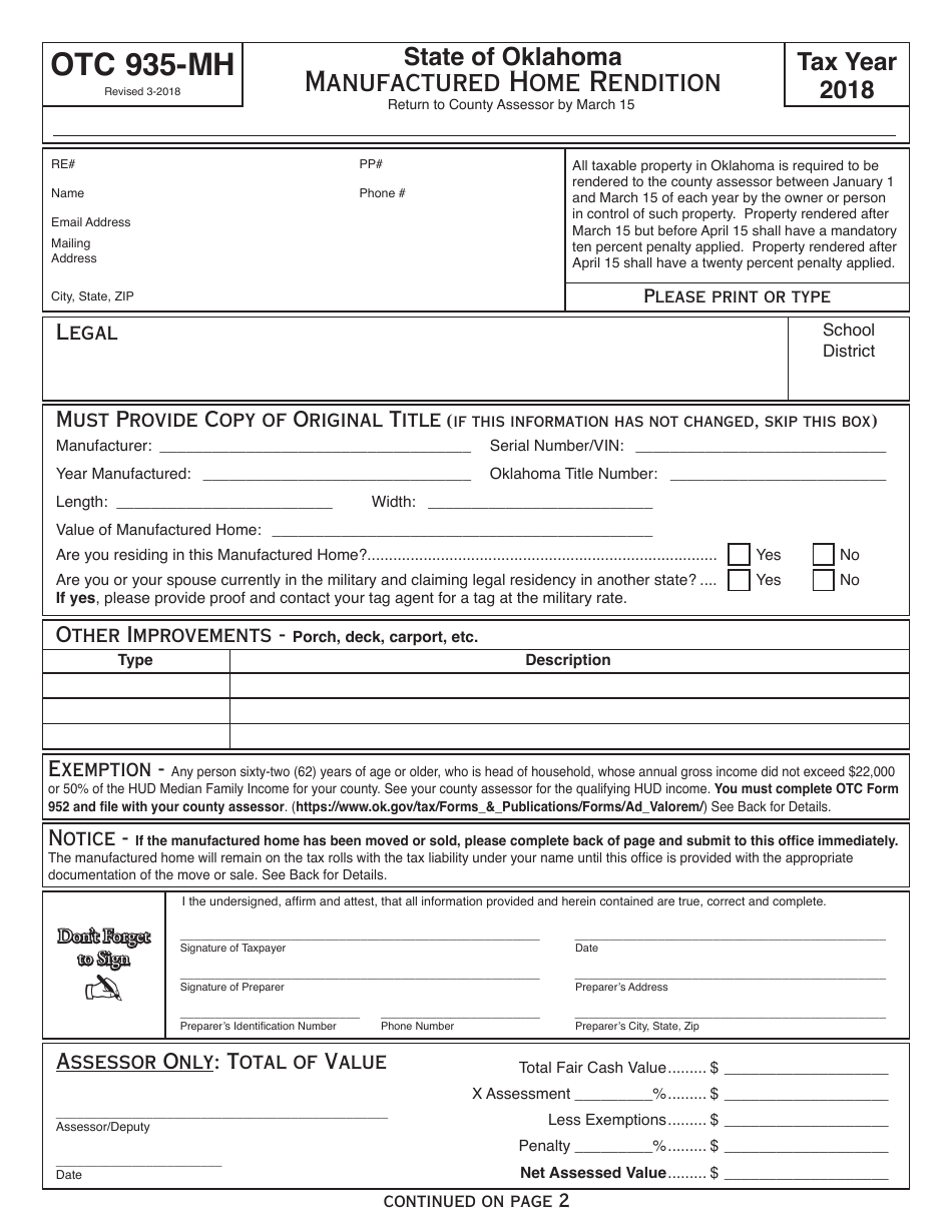 OTC Form OTC935-MH Manufactured Home Personal Property Rendition - Oklahoma, Page 1