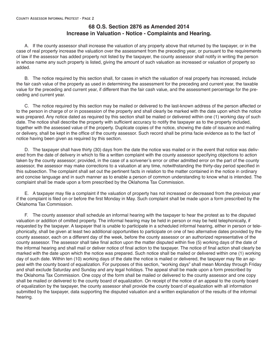 OTC Form OTC974 County Assessor Informal Protest - Oklahoma, Page 2