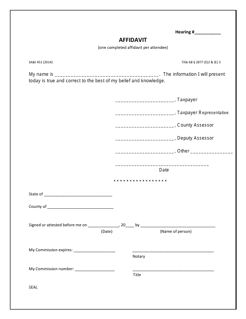 Form SA&I451 County Assessor Affidavit - Oklahoma