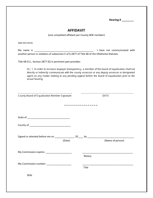 Form SA&I450 County Clerk Affidavit - Board of Equalization - Oklahoma