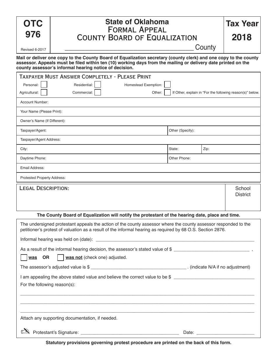 OTC Form OTC976 Formal Appeal County Board of Equalization - Oklahoma, Page 1