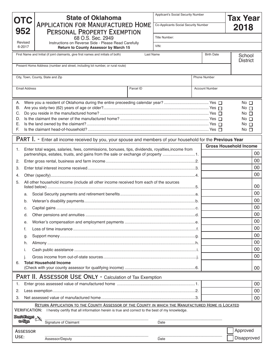 OTC Form OTC952 Application for Manufactured Home Personal Property Exemption - Oklahoma, Page 1