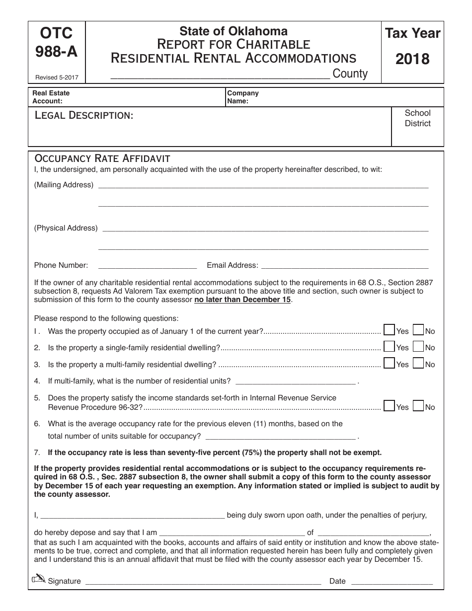 OTC Form OTC988-A Report Charitable Residential Renter Accommodations - Oklahoma, Page 1