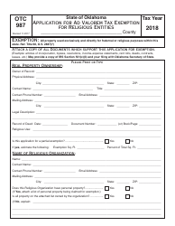 OTC Form OTC987 Application for Ad Valorem Exemption - Religious - Oklahoma