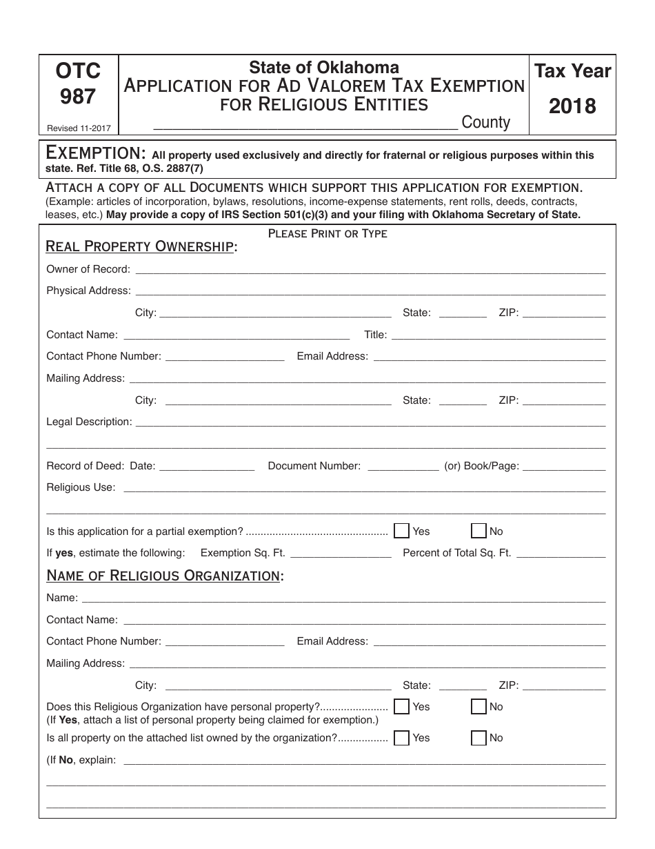 OTC Form OTC987 Application for Ad Valorem Exemption - Religious - Oklahoma, Page 1