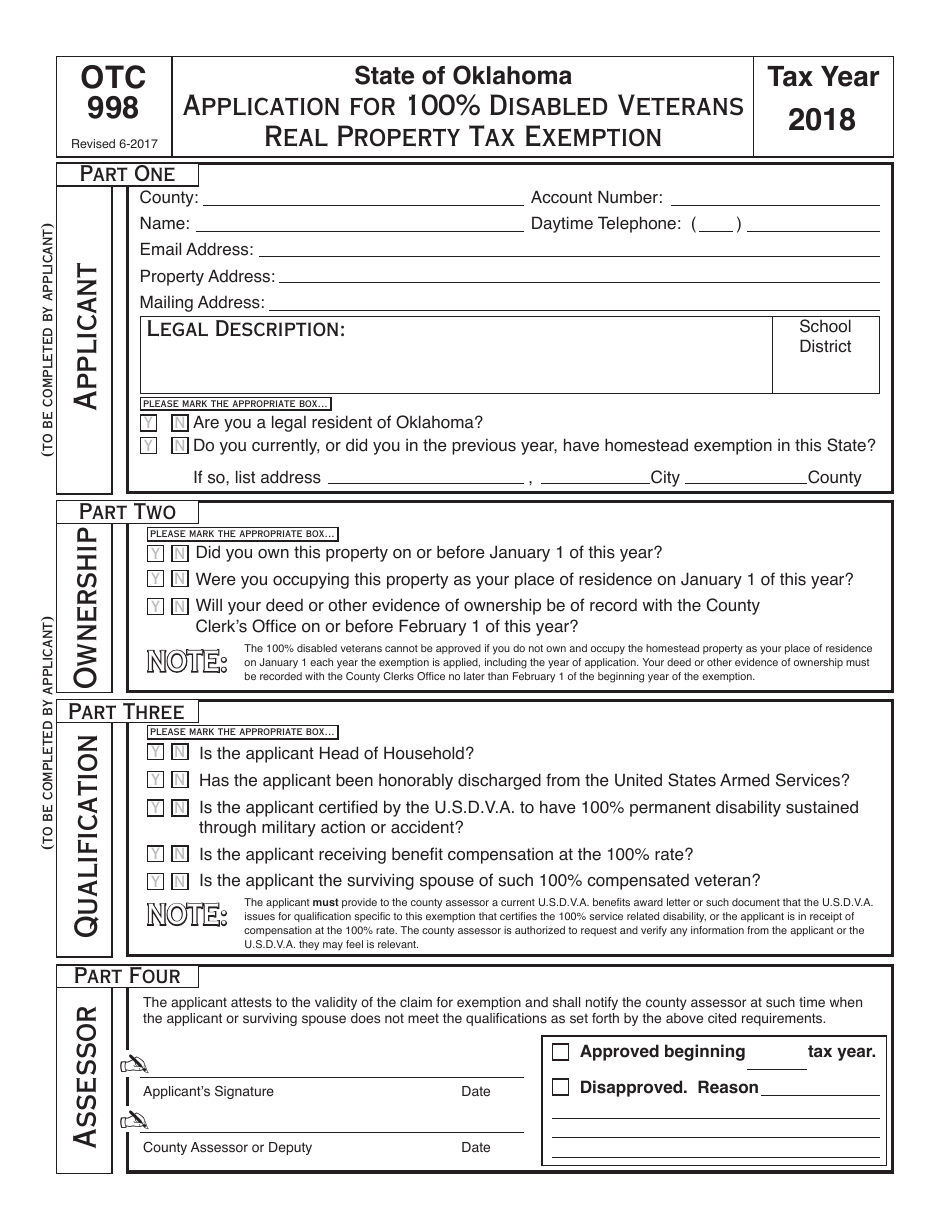 OTC Form OTC998 Application for 100% Disabled Veterans Property Tax Exemption - Oklahoma, Page 1