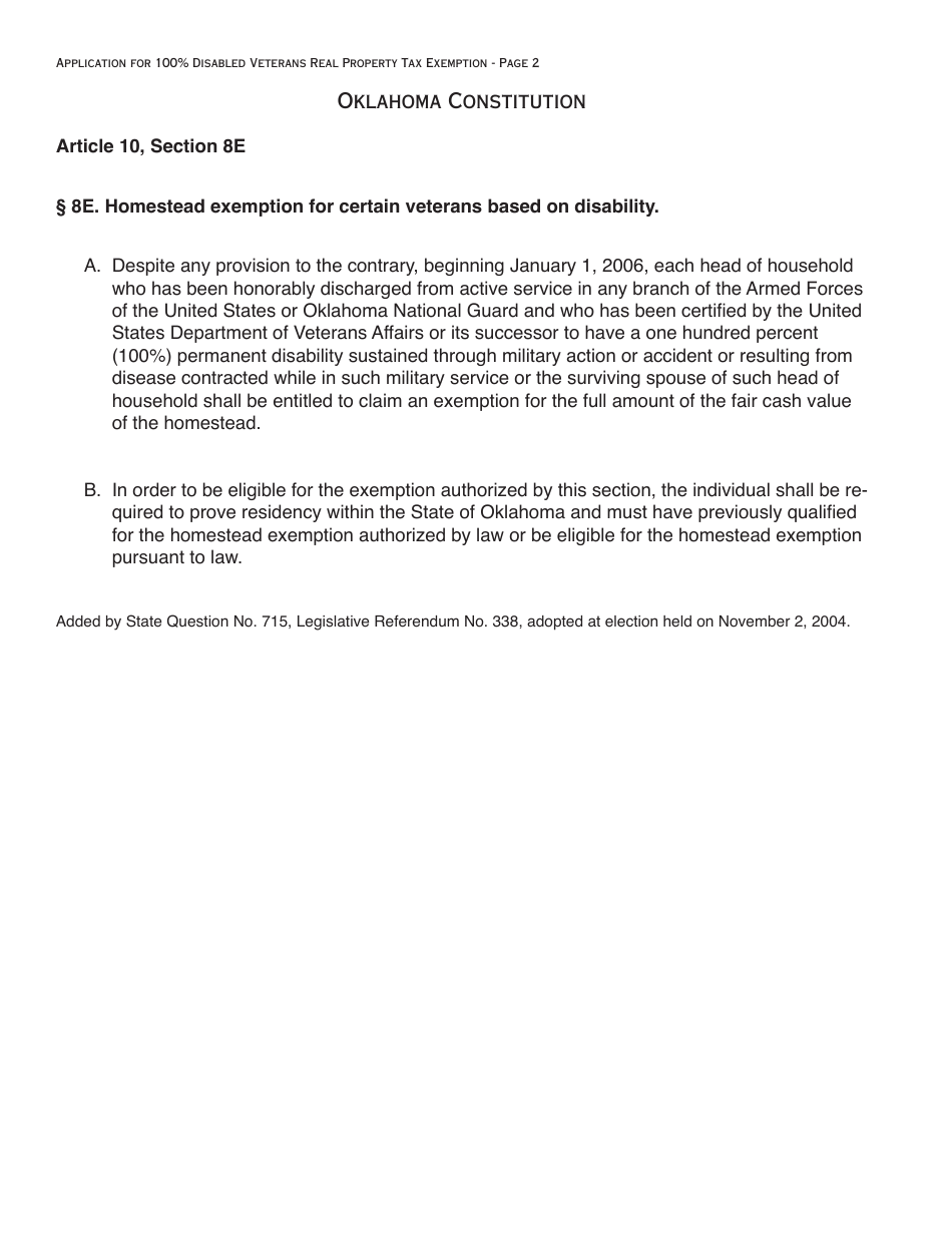 OTC Form OTC998 Application for 100% Disabled Veterans Property Tax Exemption - Oklahoma, Page 2