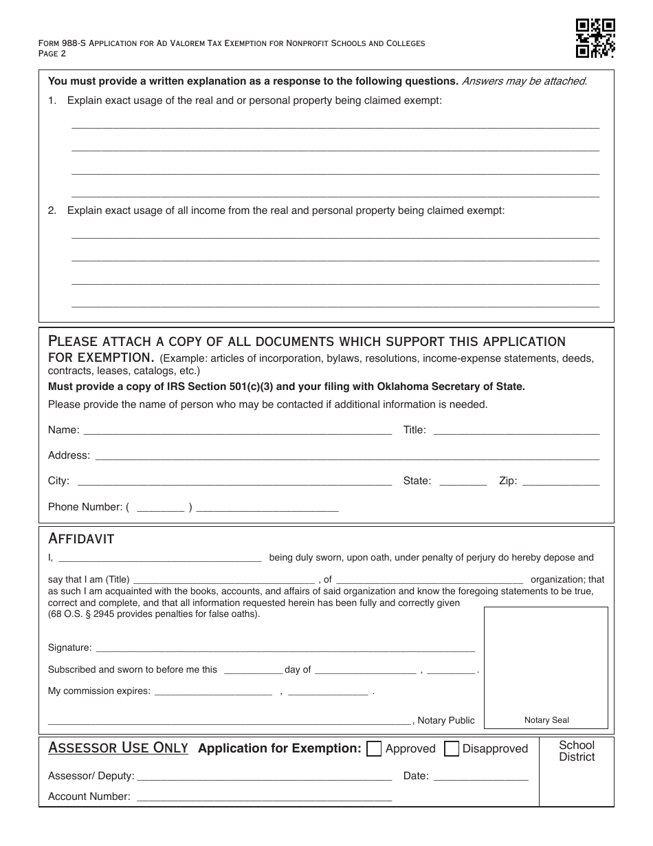 OTC Form OTC988-S Application for Ad Valorem Tax Exemption for Nonprofit Schools and Colleges - Oklahoma, Page 2