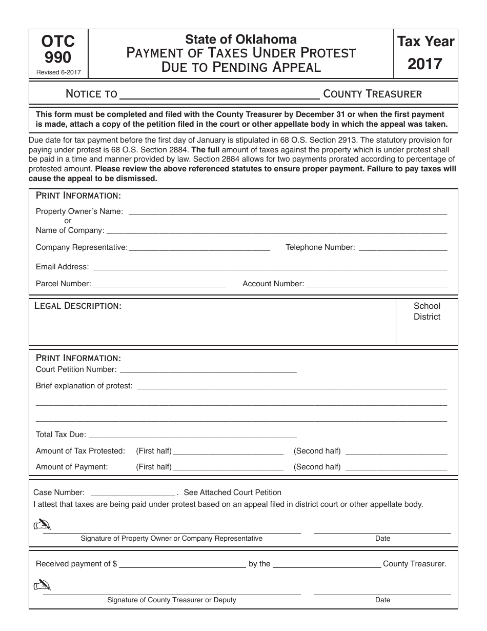 OTC Form OTC990 Payment of Taxes Under Protest Due to Pending Appeal - Oklahoma, Page 1