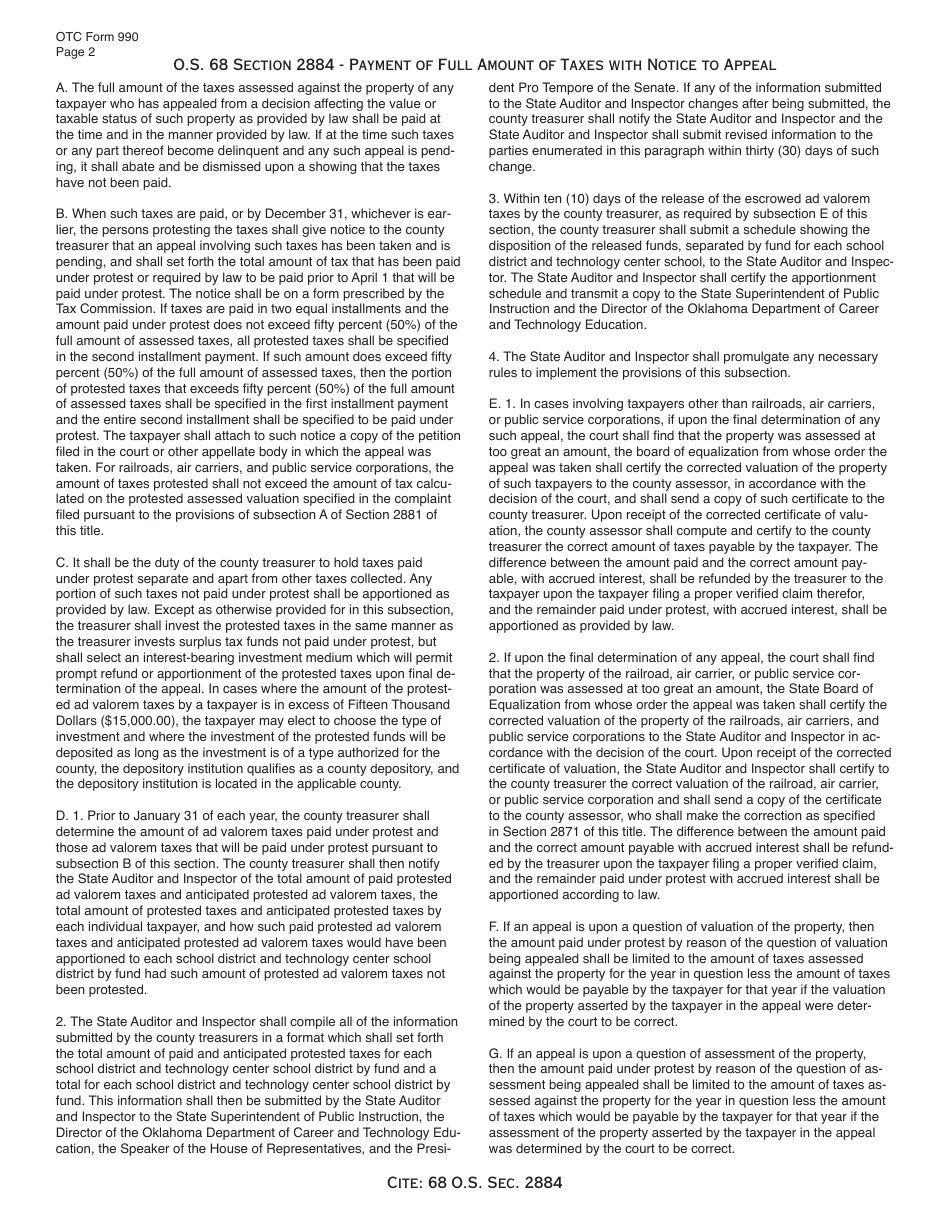 OTC Form OTC990 Payment of Taxes Under Protest Due to Pending Appeal - Oklahoma, Page 2
