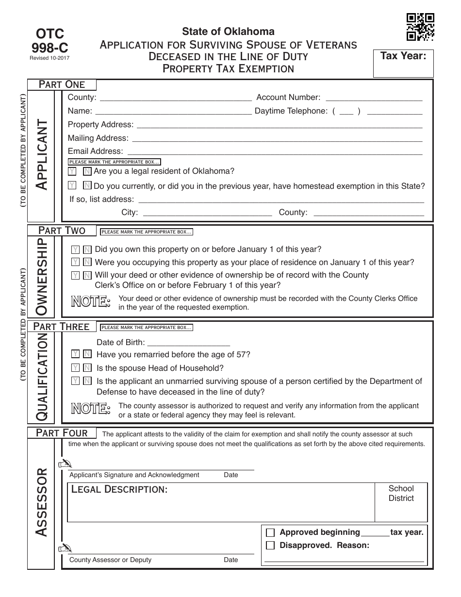 OTC Form OTC998-C Application for Surviving Spouse of Veterans Deceased in the Line of Duty Property Tax Exemption - Oklahoma, Page 1