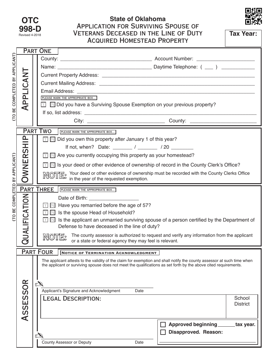 OTC Form OTC998-D Application for Surviving Spouse of Veterans Deceased in the Line of Duty Acquired Homestead Property - Oklahoma, Page 1
