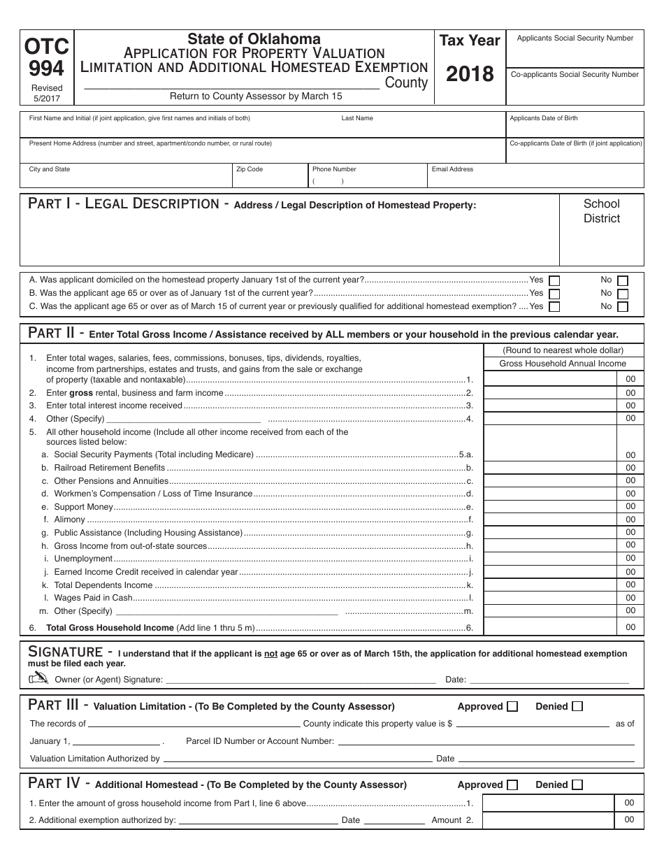 OTC Form OTC994 Application for Property Valuation Limitation and Additional Homestead Exemption - Oklahoma, Page 1