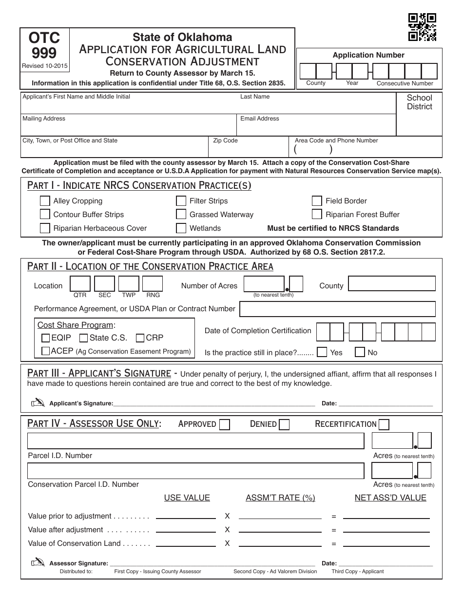 OTC Form OTC999 Application for Agricultural Land Conservation Adjustment - Oklahoma, Page 1