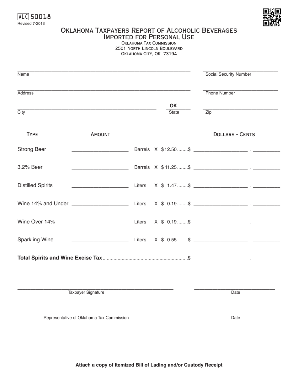 OTC Form ALC50018 Oklahoma Taxpayers Report of Alcoholic Beverages Imported for Personal Use - Oklahoma, Page 1