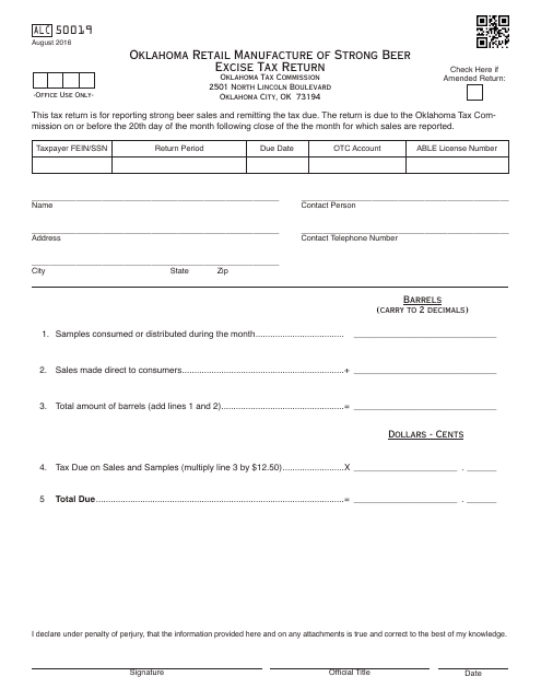 OTC Form ALC50019 Oklahoma Retail Manufacture of Strong Beer Excise Tax Return - Oklahoma