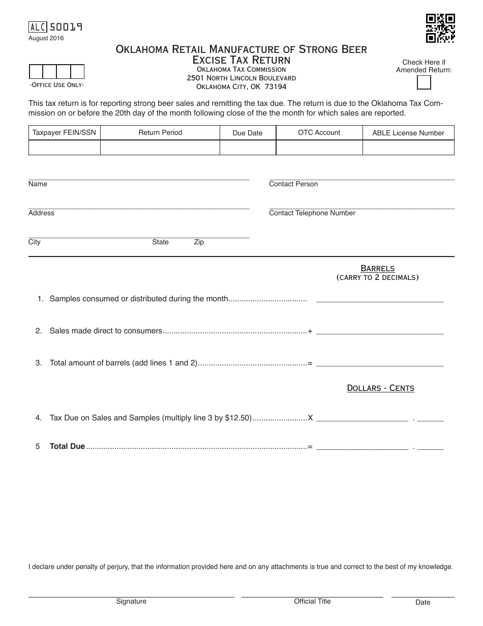 OTC Form ALC50019 Oklahoma Retail Manufacture of Strong Beer Excise Tax Return - Oklahoma, Page 1