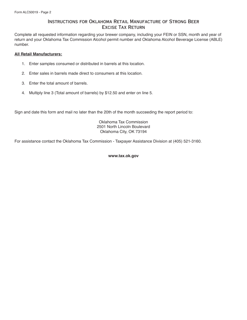 OTC Form ALC50019 Oklahoma Retail Manufacture of Strong Beer Excise Tax Return - Oklahoma, Page 2