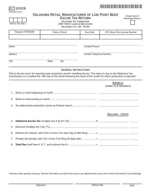 OTC Form ALC50008 Oklahoma Retail Manufacturer of Low Point Beer Excise Tax Return - Oklahoma