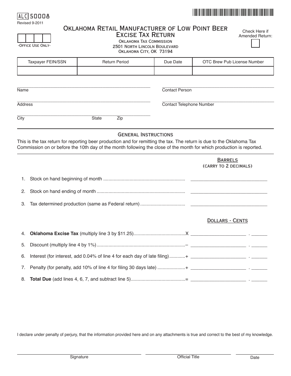 OTC Form ALC50008 Oklahoma Retail Manufacturer of Low Point Beer Excise Tax Return - Oklahoma, Page 1