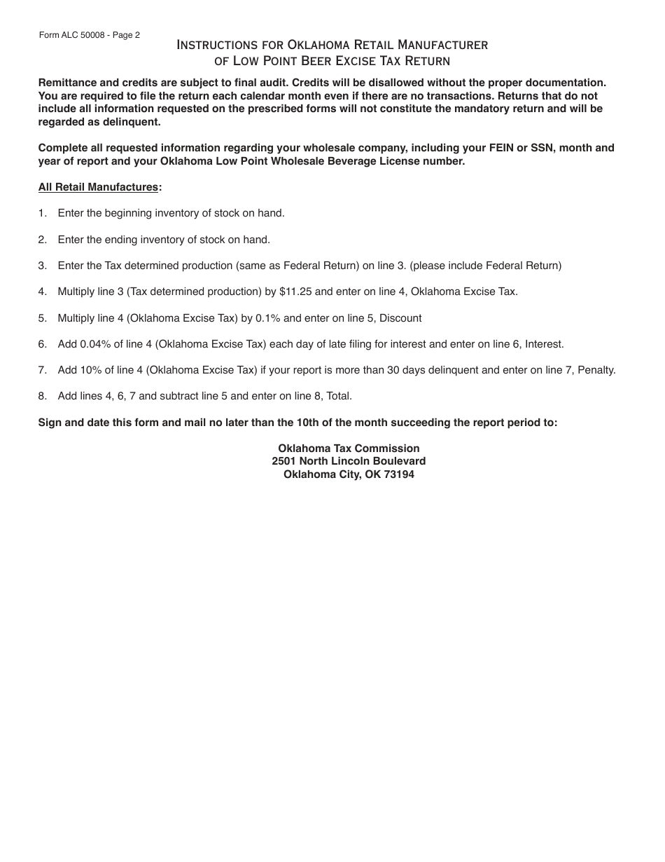 OTC Form ALC50008 Oklahoma Retail Manufacturer of Low Point Beer Excise Tax Return - Oklahoma, Page 2