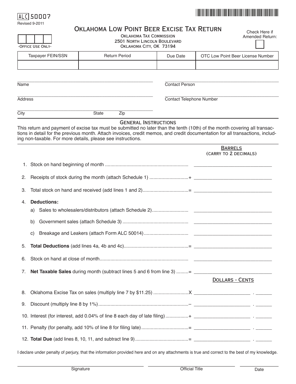 OTC Form ALC50007 Oklahoma Low Point Beer Excise Tax Return - Oklahoma, Page 1