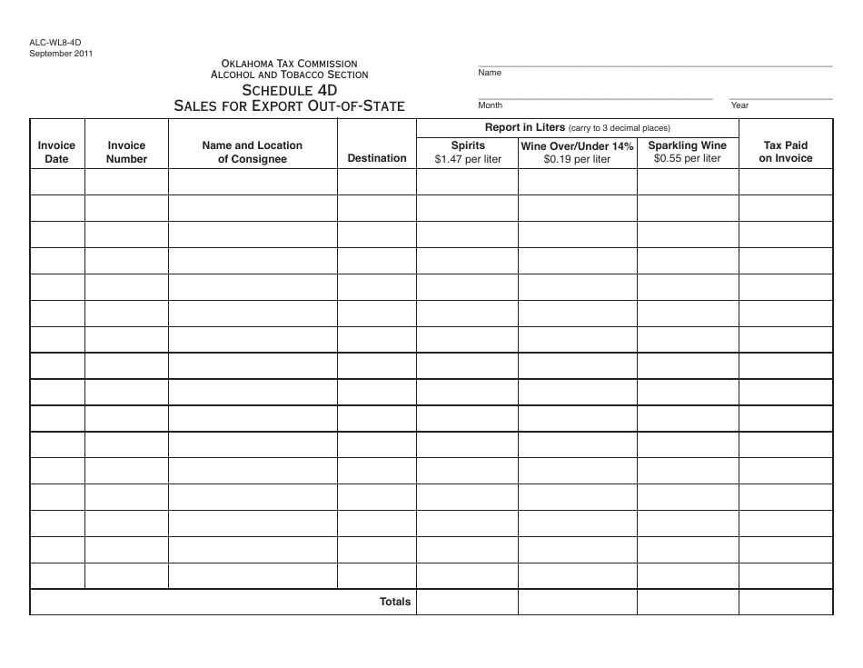 OTC Form ALC-WL8-4D Schedule 4D Sales for Export out-Of-State - Oklahoma, Page 1