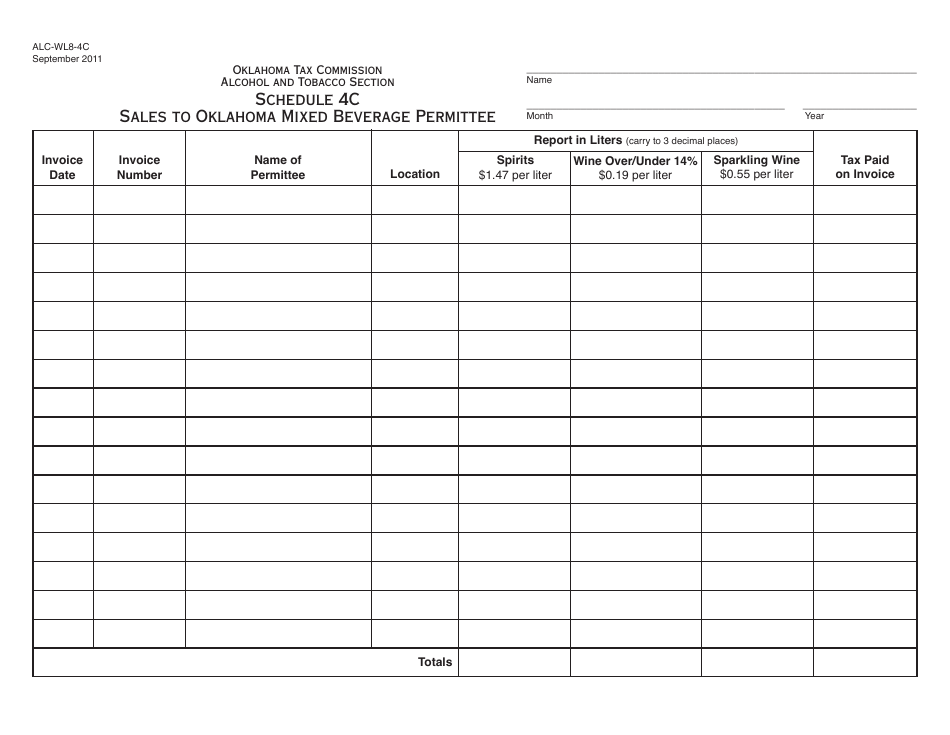 OTC Form ALC-WL8-4C Schedule 4C Sales to Oklahoma Mixed Beverage Permittee - Oklahoma, Page 1