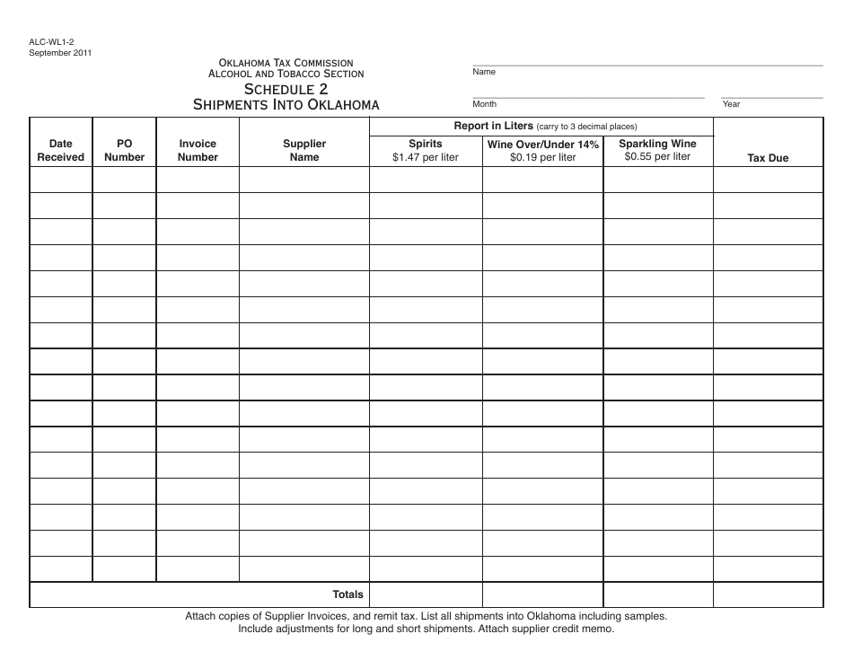 OTC Form ALC-WL1-2 Schedule 2 Shipments Into Oklahoma - Oklahoma, Page 1