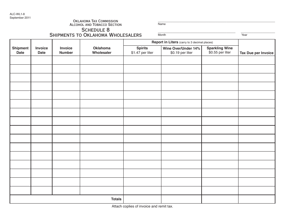 OTC Form ALC-WL1-8 Schedule 8 Shipments to Oklahoma Wholesalers - Oklahoma, Page 1