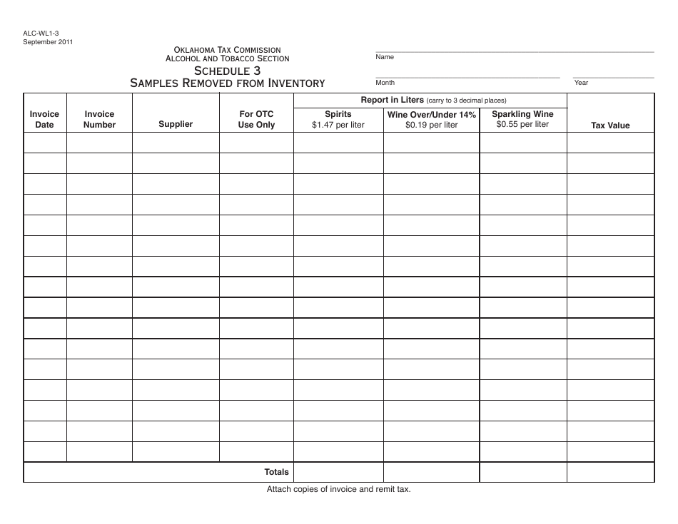 OTC Form ALC-WL1-3 Schedule 3 Samples Removed From Inventory - Oklahoma, Page 1