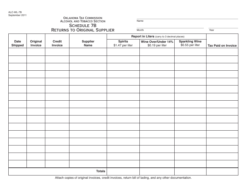 OTC Form ALC-WL7B Schedule 7B  Printable Pdf