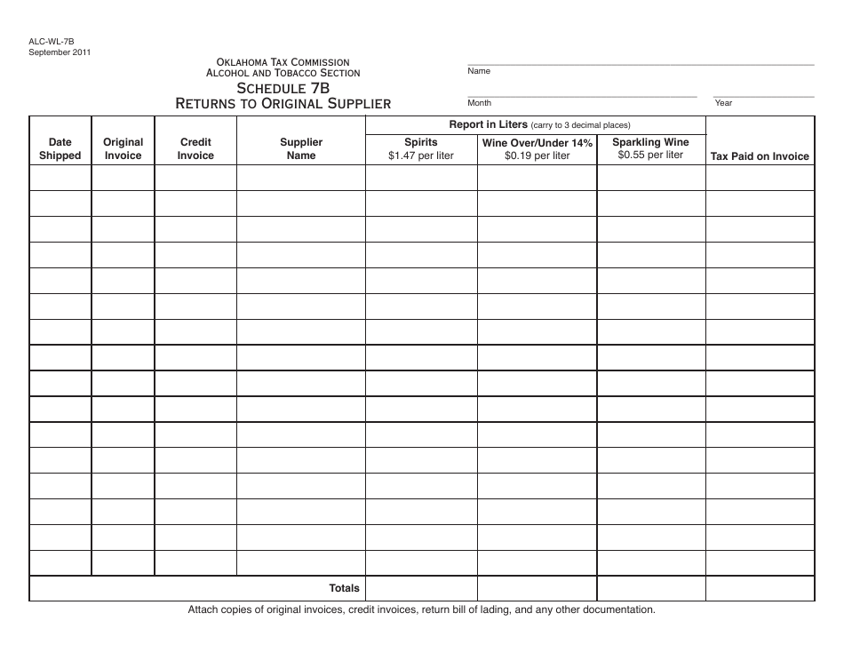 OTC Form ALC-WL7B Schedule 7B Returns to Original Supplier - Oklahoma, Page 1