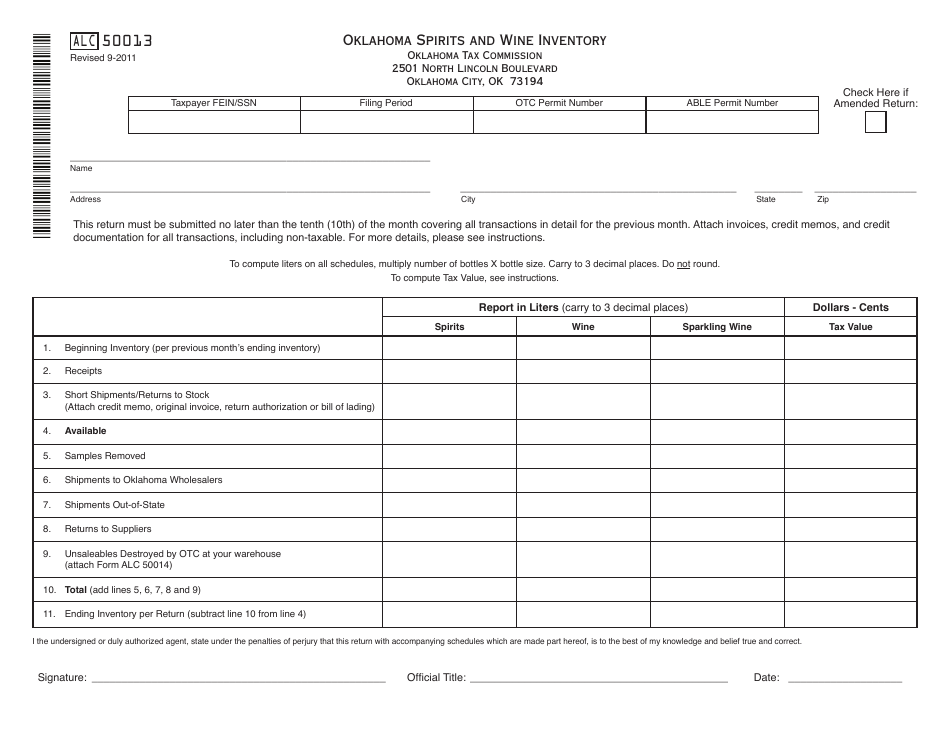 OTC Form ALC50013 Oklahoma Spirits and Wine Inventory - Oklahoma, Page 1