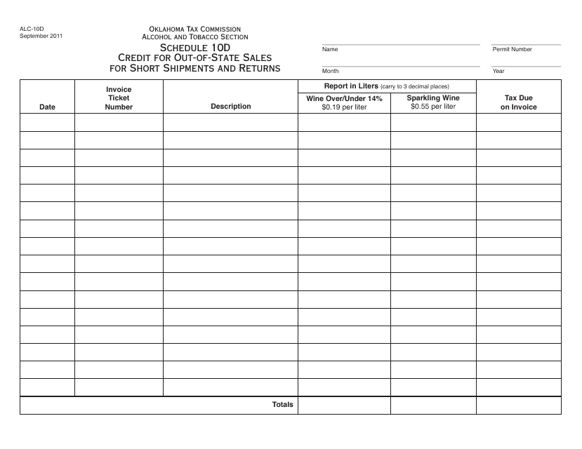 OTC Form ALC-10D Schedule 10D  Printable Pdf