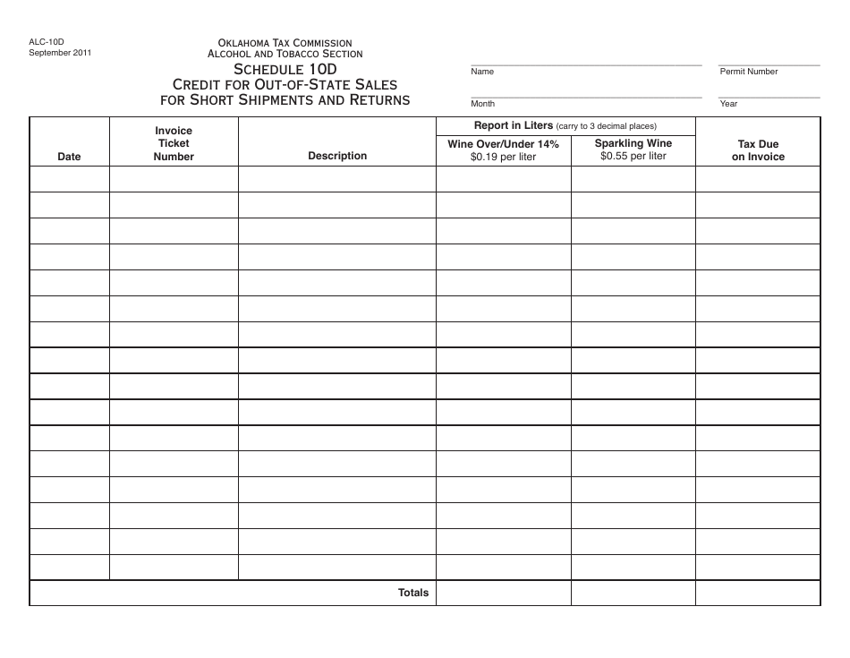 OTC Form ALC-10D Schedule 10D Credit for Out-of-State Sales for Short Shipments and Returns - Oklahoma, Page 1