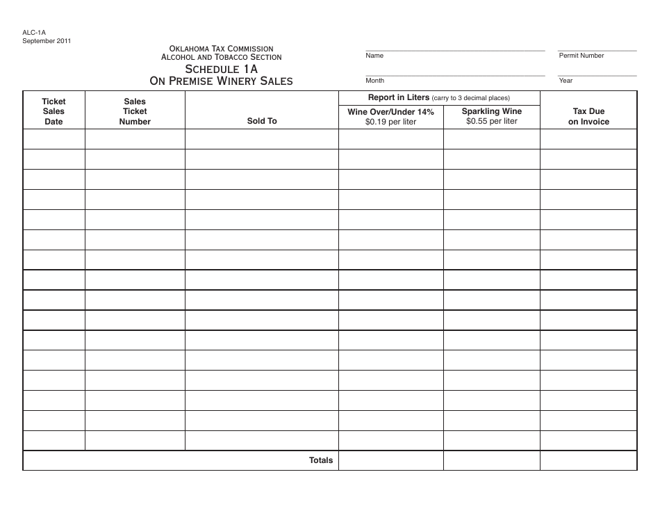OTC Form ALC-1A Schedule 1A On Premise Winery Sales - Oklahoma, Page 1