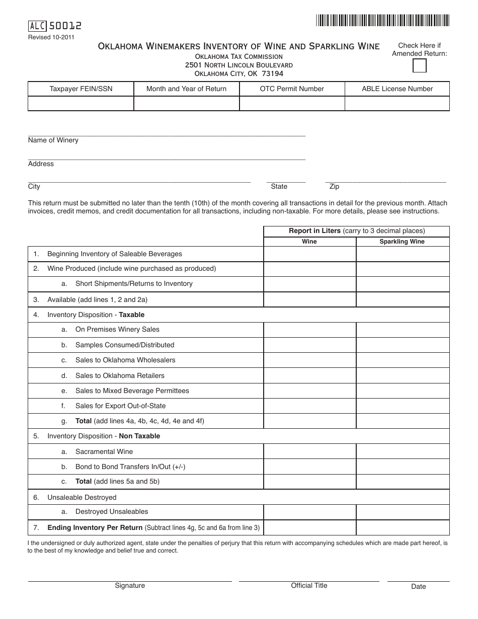 OTC Form ALC50012 Oklahoma Winemakers Inventory of Wine and Sparkling Wine - Oklahoma, Page 1