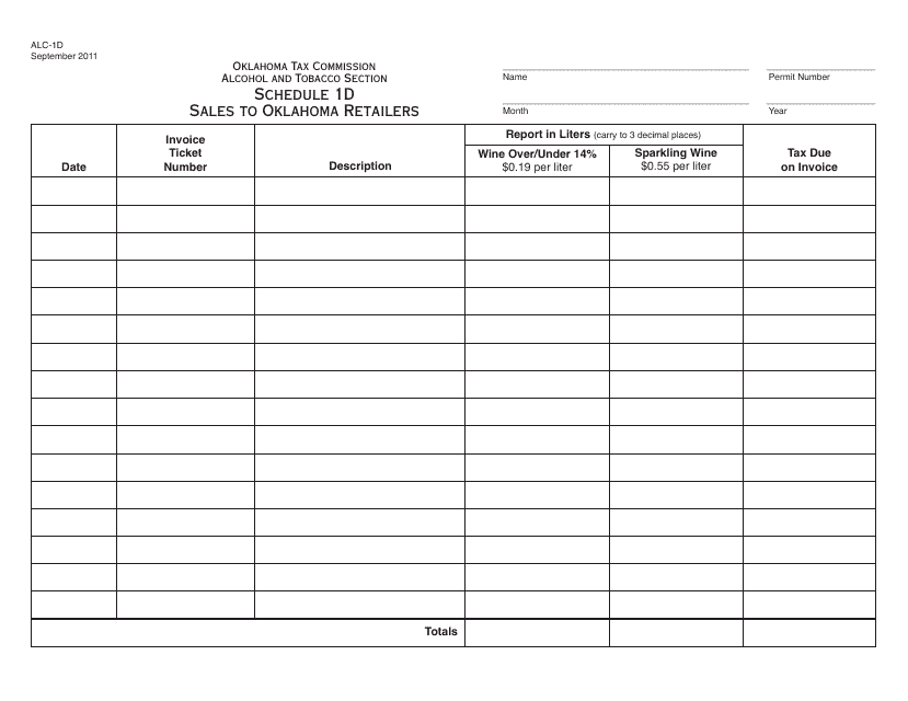 OTC Form ALC-1D Schedule 1D  Printable Pdf