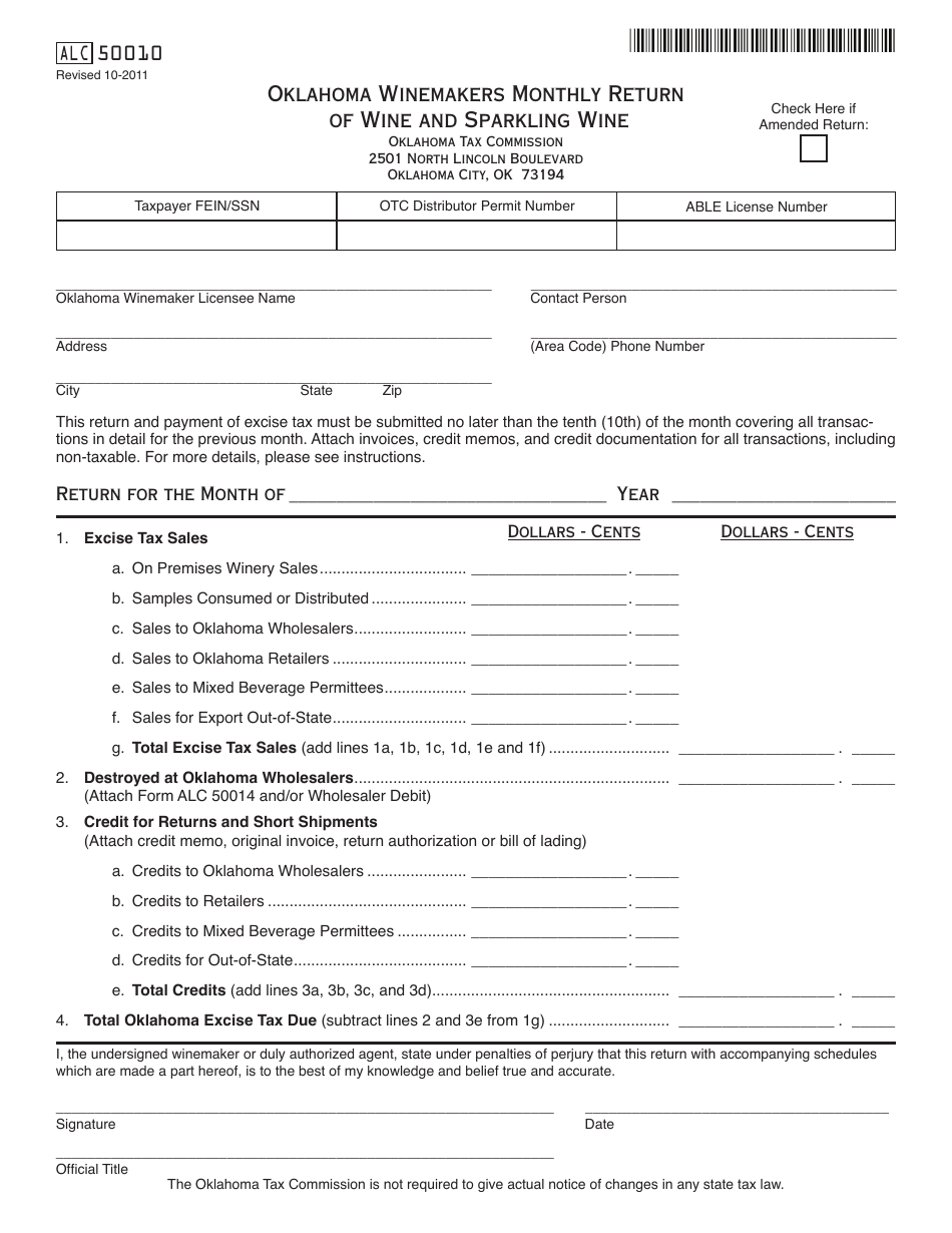 OTC Form ALC50010 Oklahoma Winemakers Monthly Return of Wine and Sparkling Wine - Oklahoma, Page 1