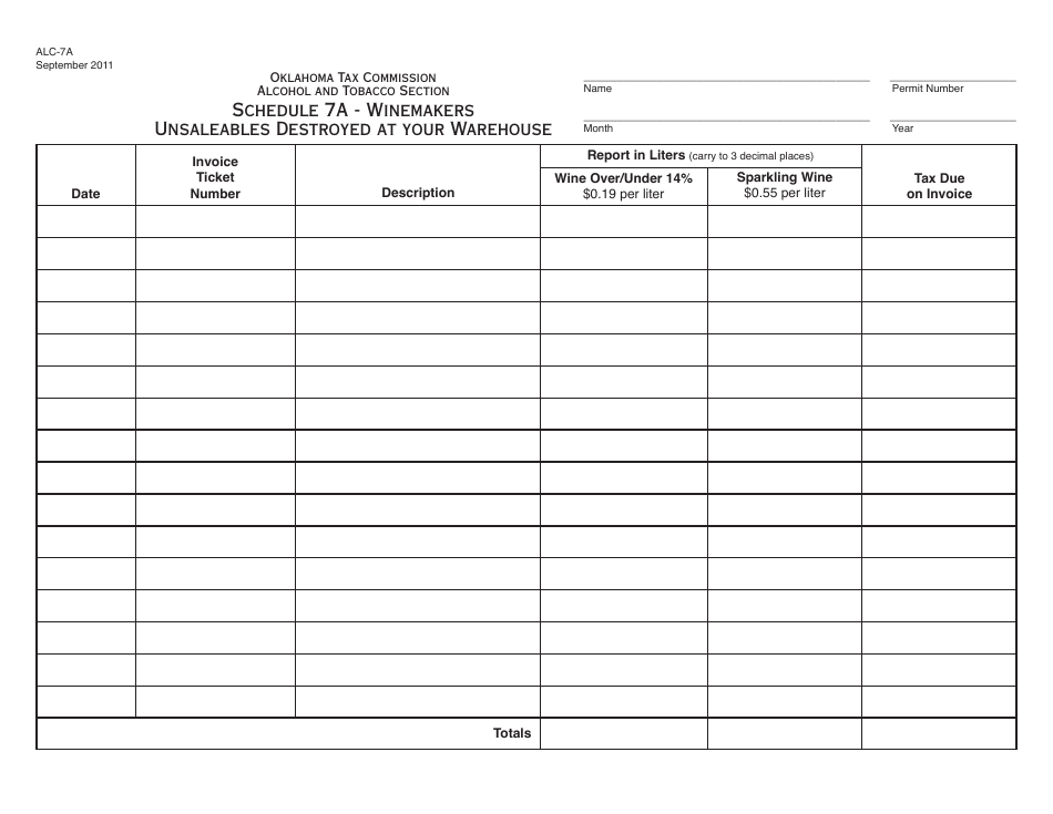 OTC Form ALC-7A Schedule 7A Winemakers Unsaleables Destroyed at Your Warehouse - Oklahoma, Page 1