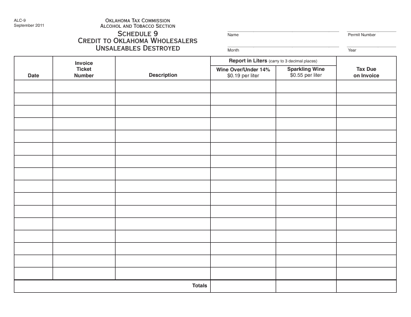 OTC Form ALC-9 Schedule 9  Printable Pdf