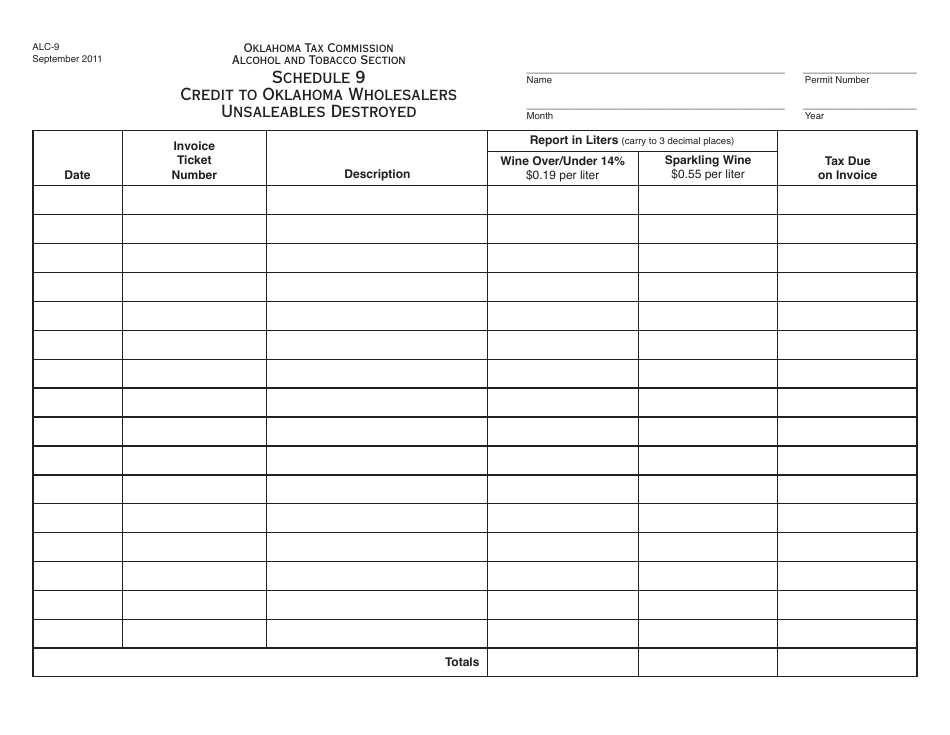OTC Form ALC-9 Schedule 9 Credit to Oklahoma Wholesalers Unsaleables Destroyed - Oklahoma, Page 1