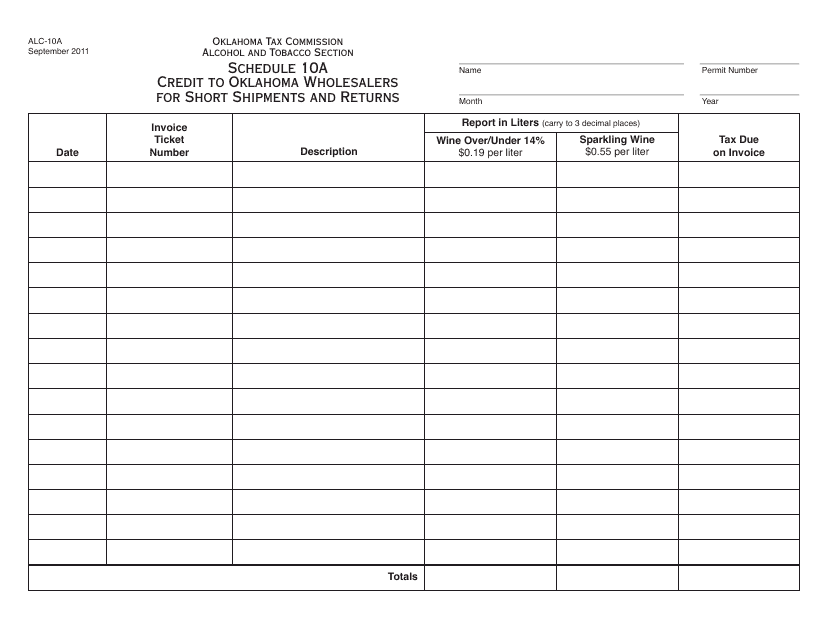 OTC Form ALC-10A Schedule 10A Credit to Oklahoma Wholesalers for Short Shipments and Returns - Oklahoma