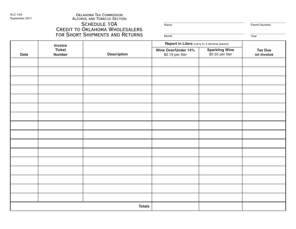 OTC Form ALC-10A Schedule 10A Credit to Oklahoma Wholesalers for Short Shipments and Returns - Oklahoma, Page 1