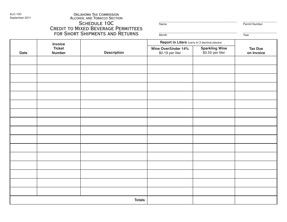 OTC Form ALC-10C Schedule 10C Credit to Mixed Beverage Permittees for Short Shipments and Returns - Oklahoma, Page 1