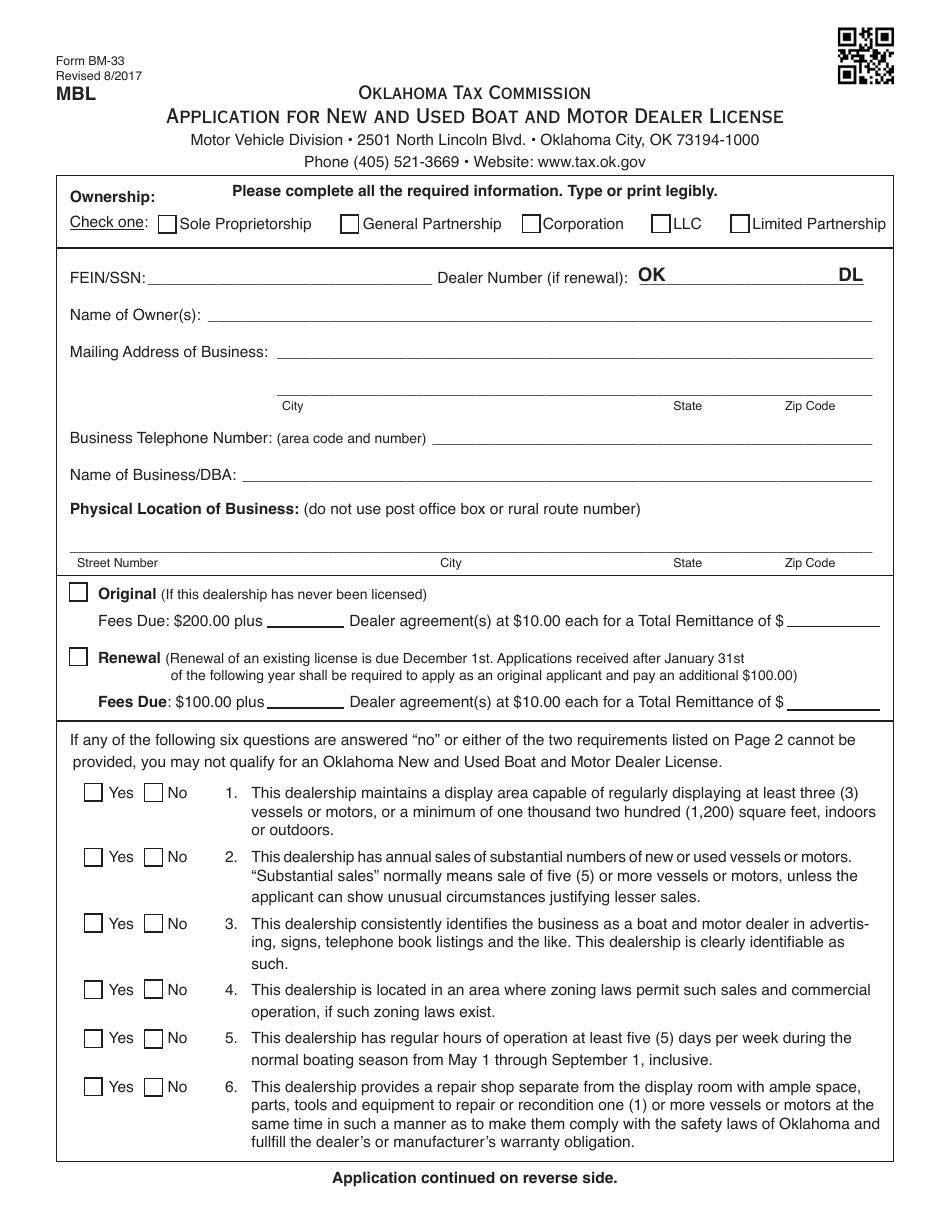 OTC Form BM-33 Application for New and Used Boat and Motor Dealer License - Oklahoma, Page 1